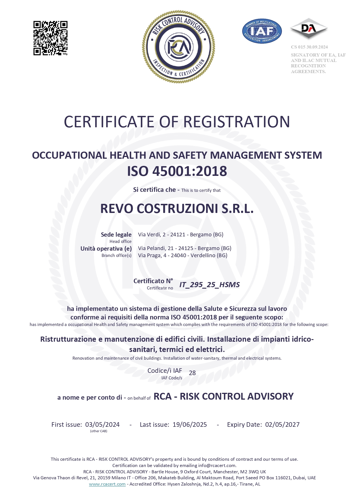REVO COSTRUZIONI S.R.L. IT 295 25 HSMS page 0001