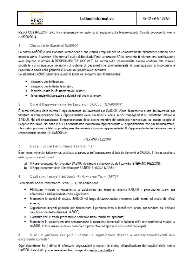 Lettera informativa SA8000